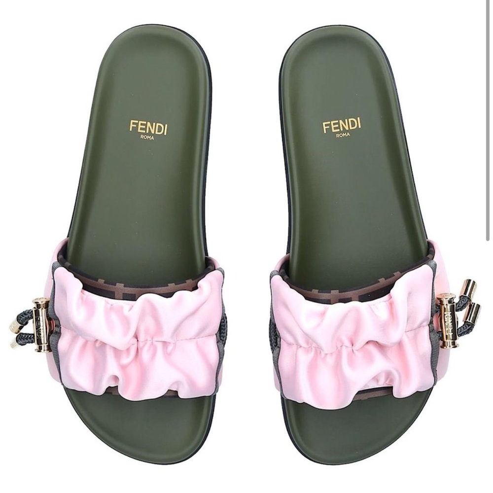 Fendi Green Rubber slides with pink satin